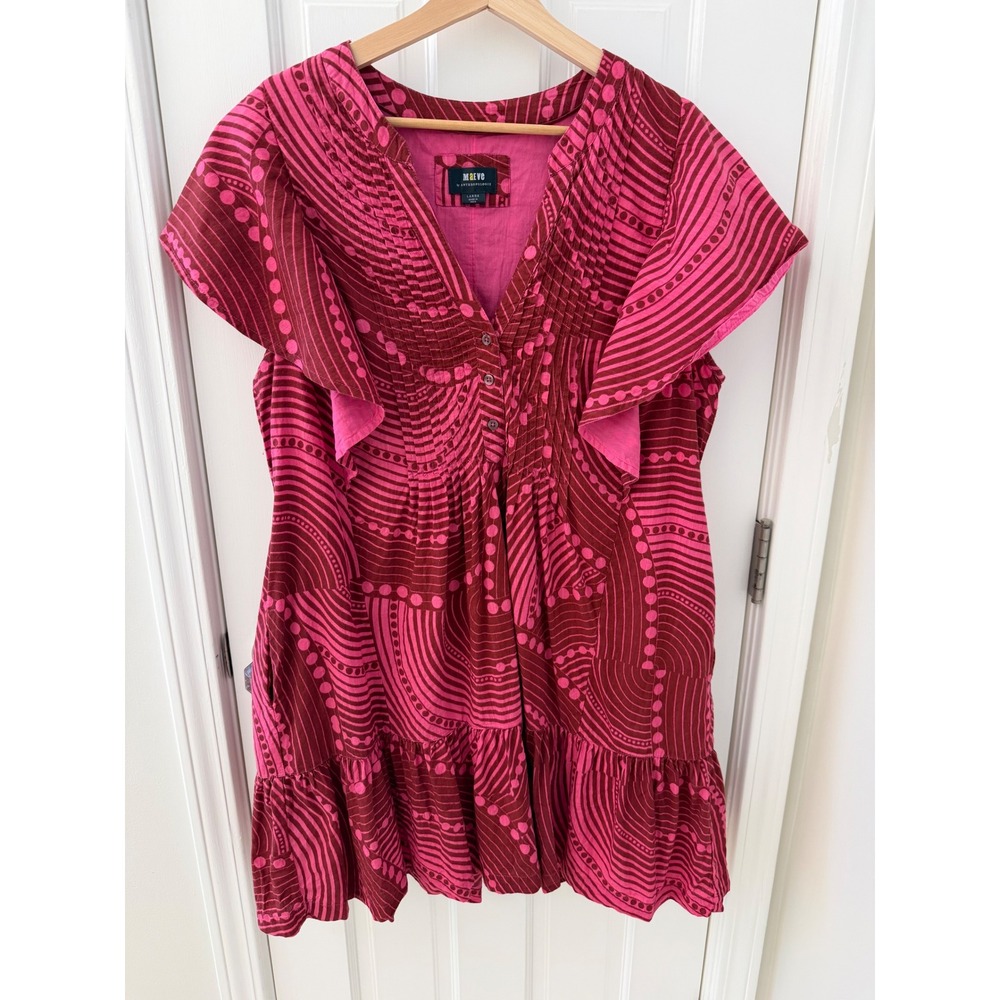 Maeve Anthropologie Abstract Print Mini Dress Pink Cotton Flutter Sleeve Size L